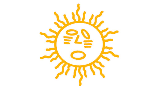 Yellow sun icon with a face on a white background